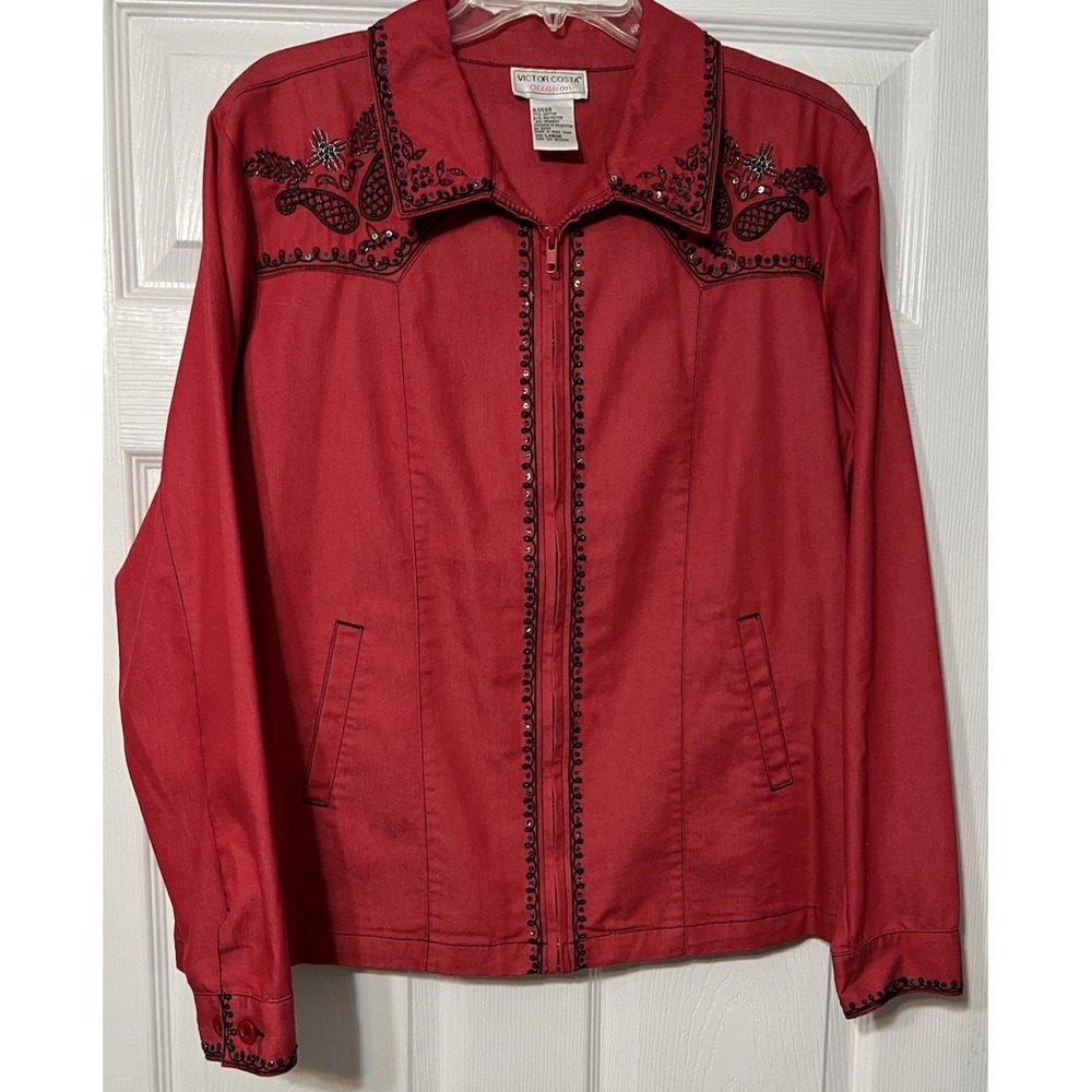 Victor Costa Jacket Women‎ Large Red Full Zip Long Sleeve Embroidered Sequins